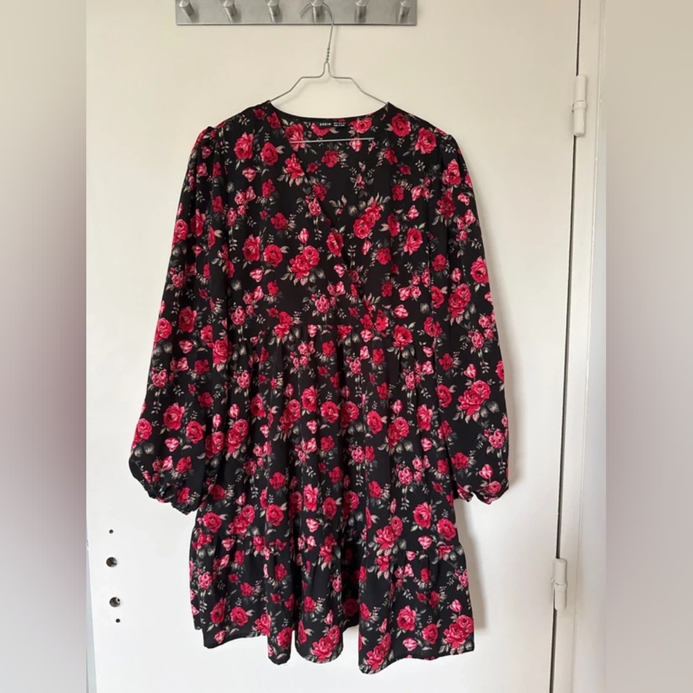 SHEIN Black Dress with Red Floral Design